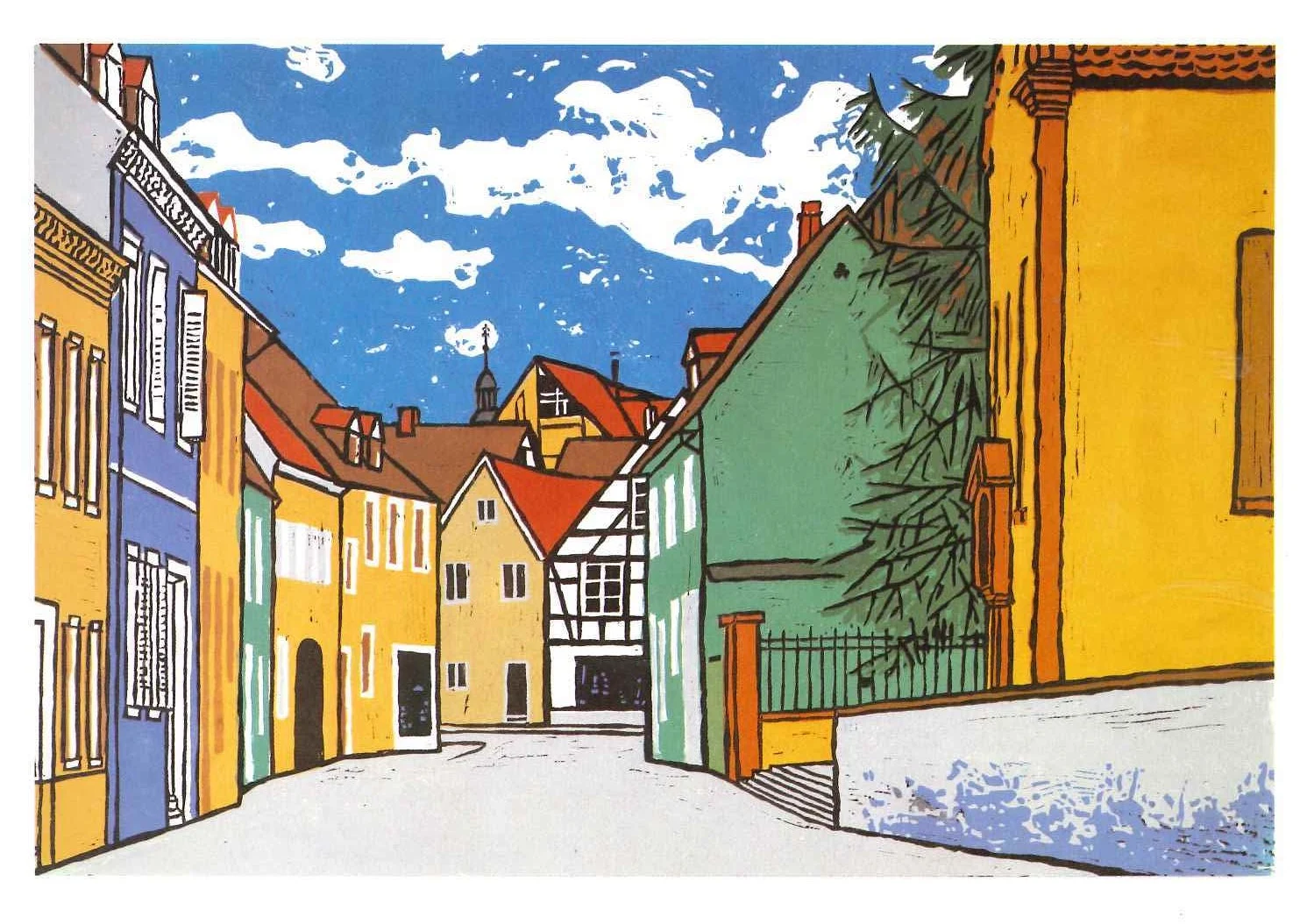 Hermann Sprauer linocut of Gymnasiumstraße in Offenburg