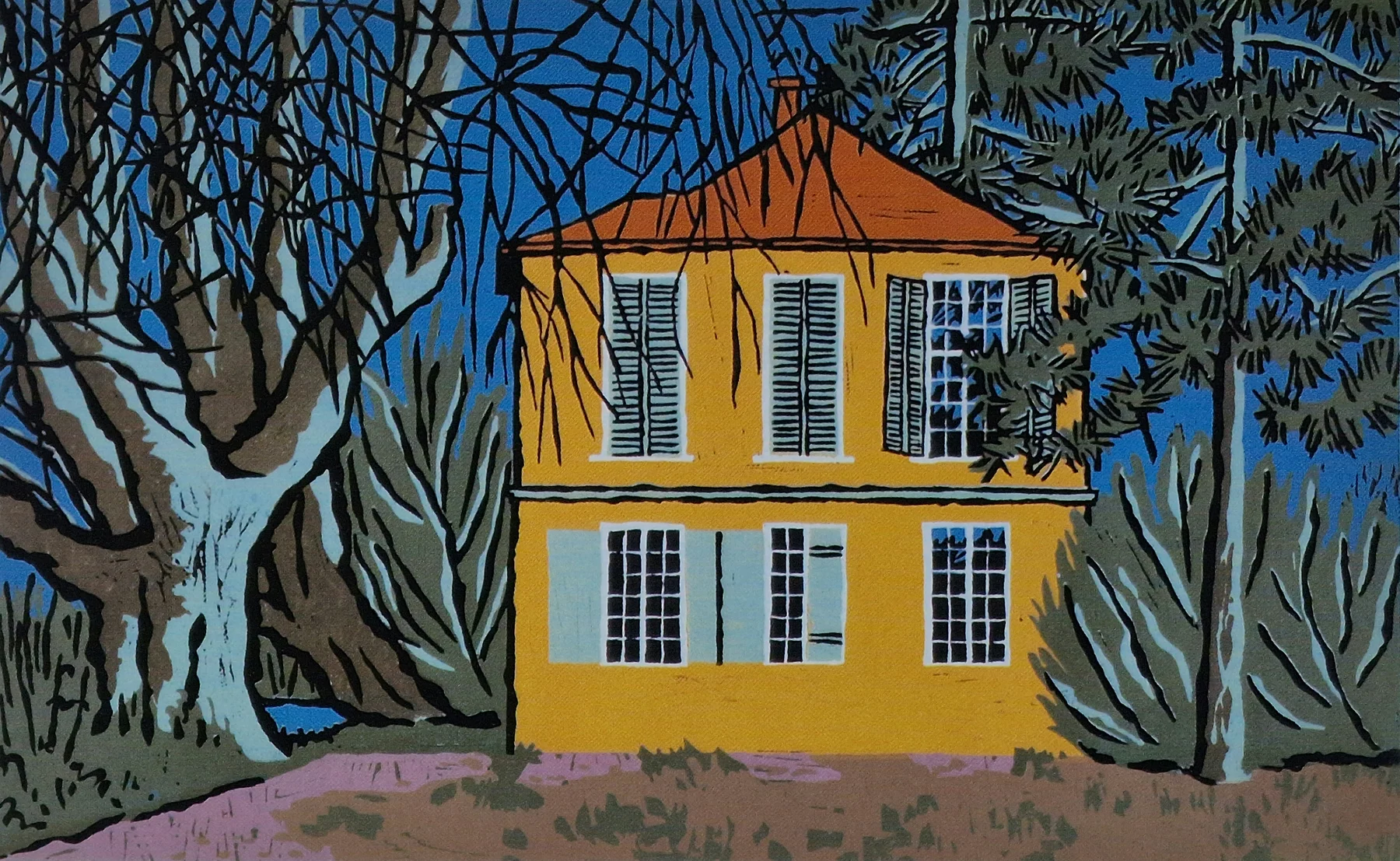 Hermann Sprauer linocut of Villa Billet beside the Mühlbach