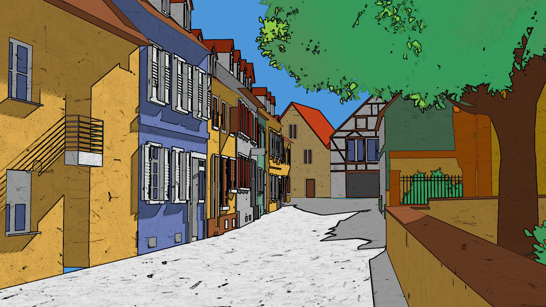 Stylized Gymnasiumstraße scene prepared for the VR exhibition