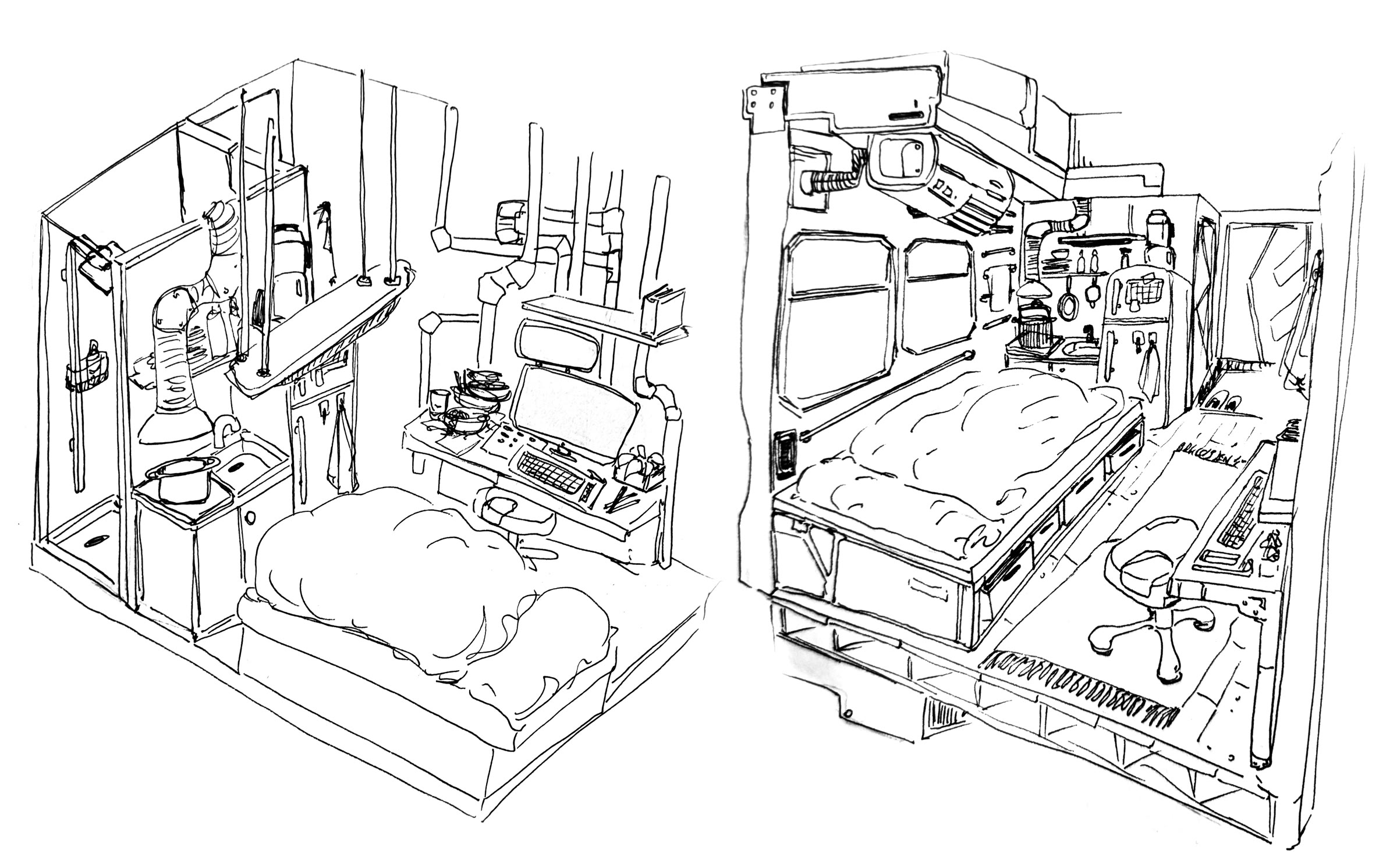 Black-and-white concept drawings exploring Mei's compact apartment