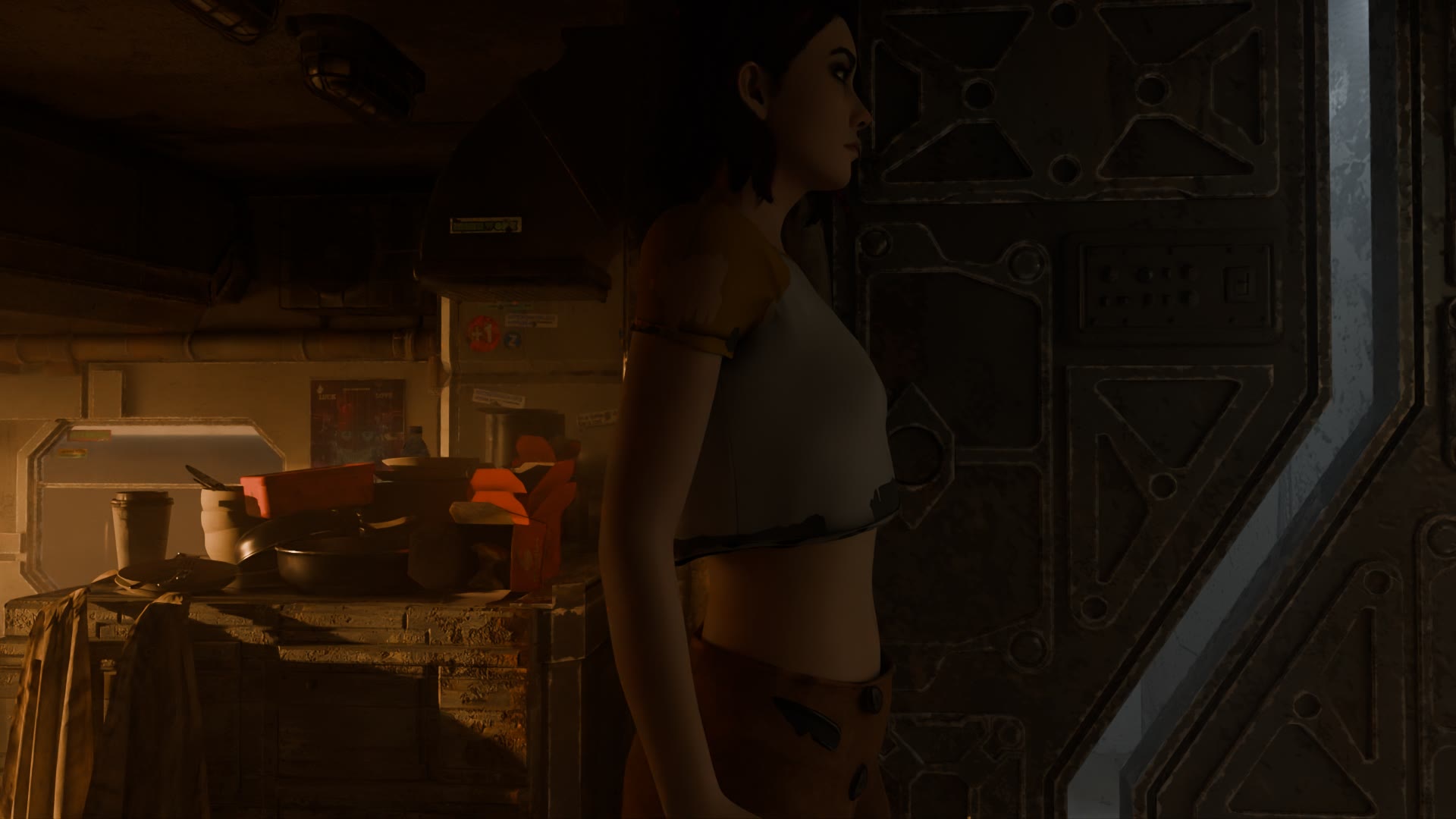 Mei standing beside the apartment hatch in a warm interior