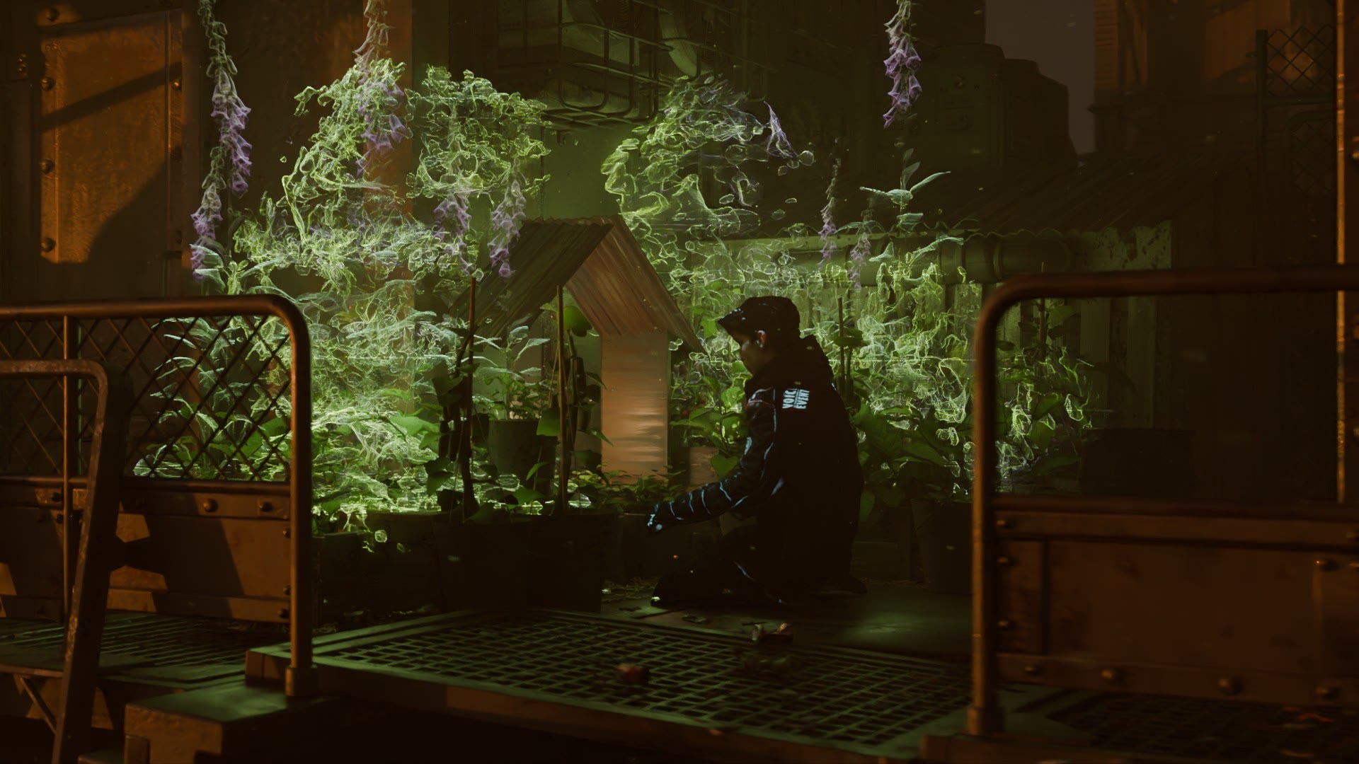 Mei kneeling before a luminous holographic garden in an industrial interior