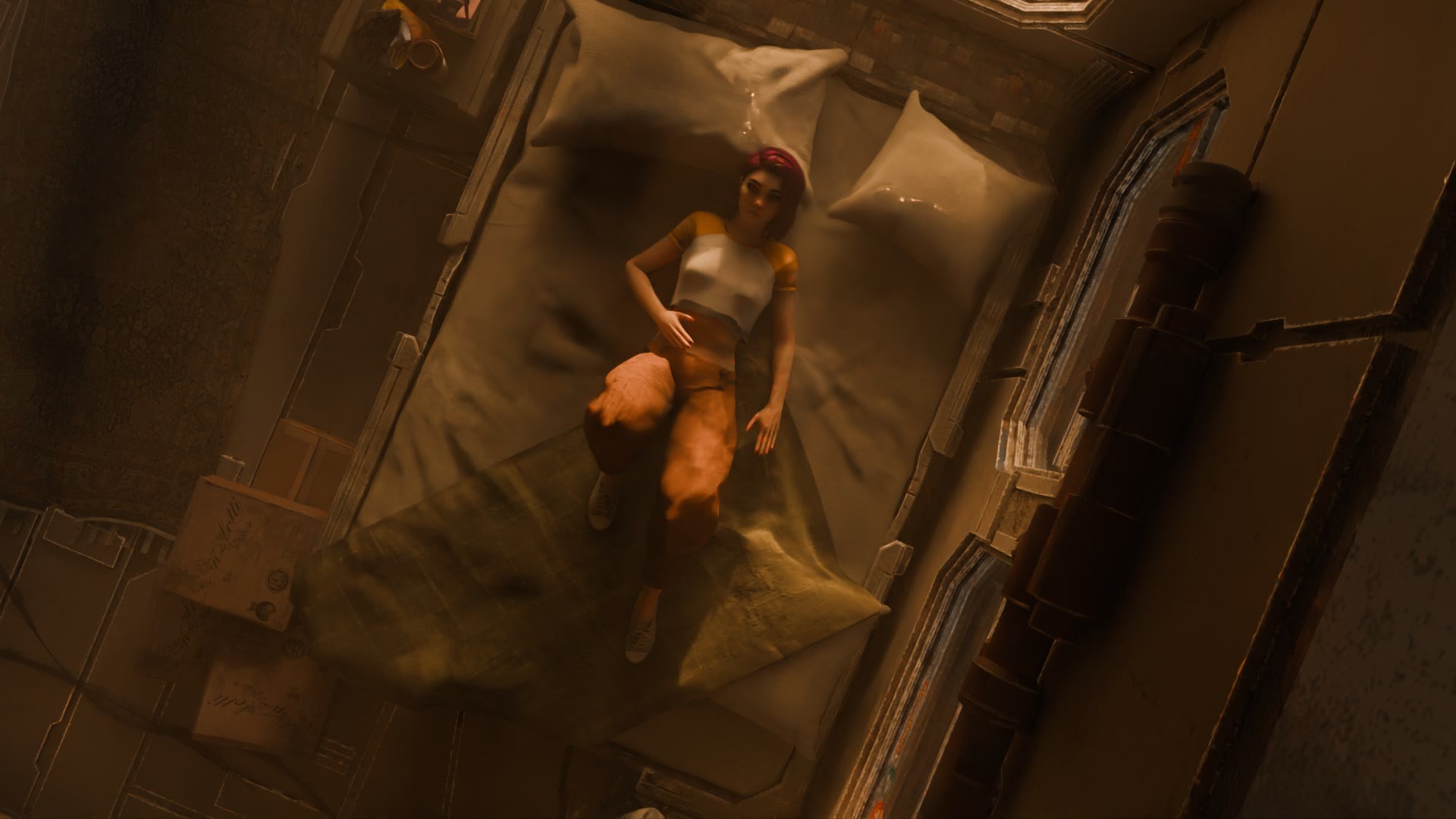 Side view of Mei lying in her compact apartment