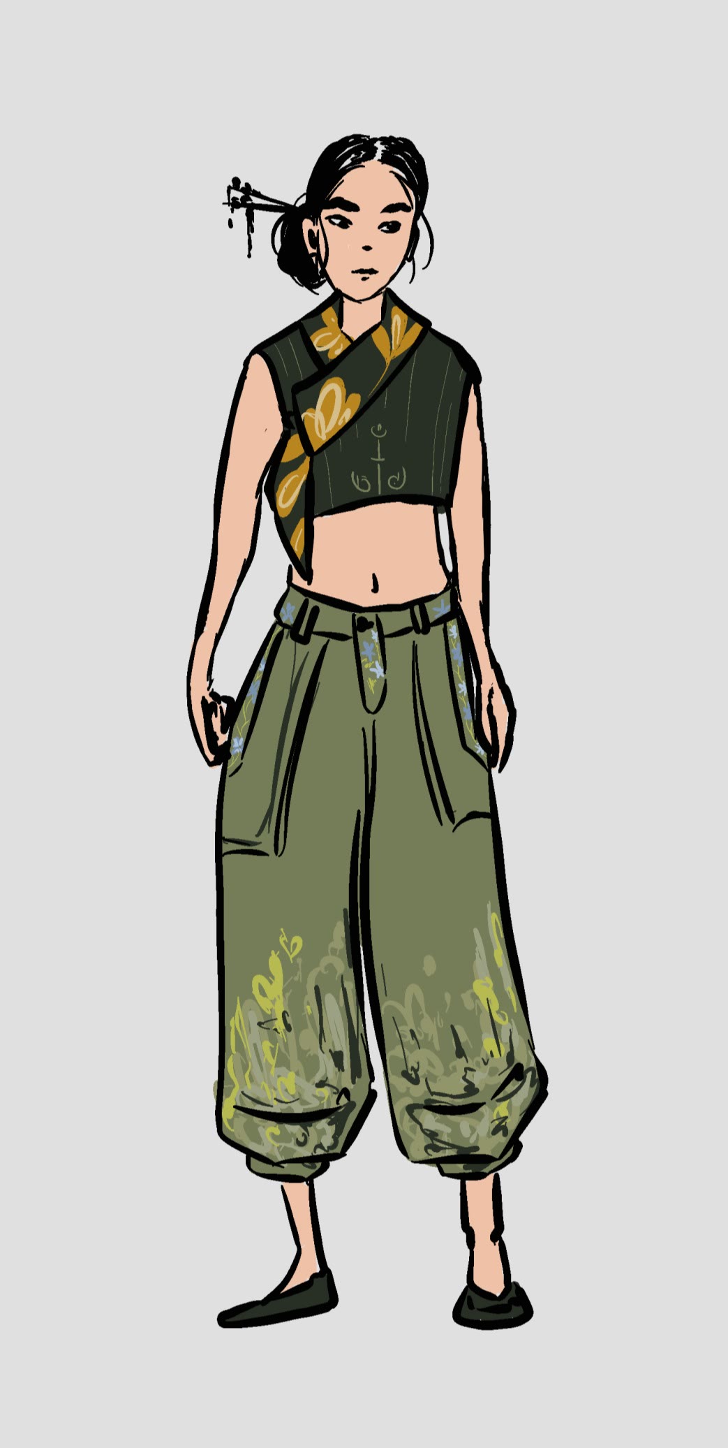 Character design for Mei wearing loose green trousers and a cropped top