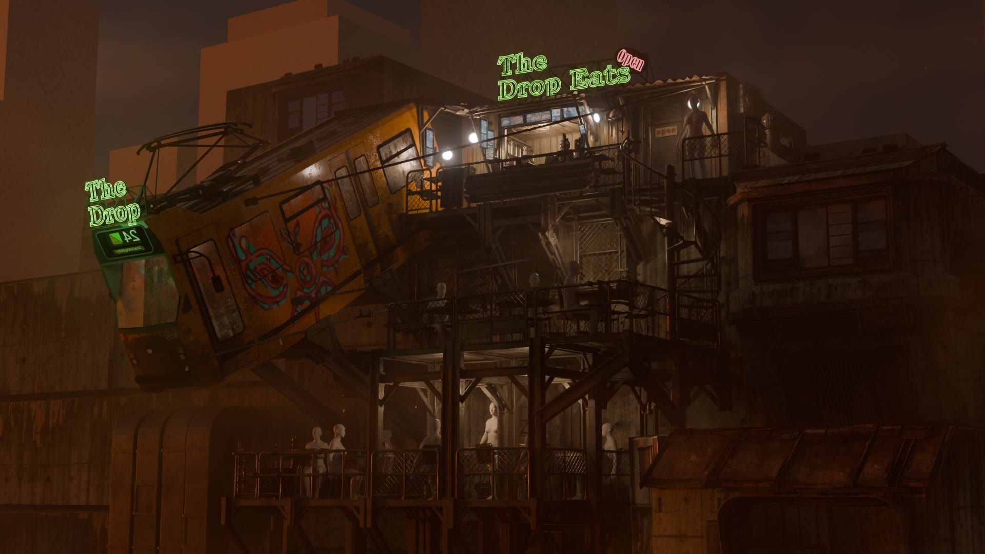 Earlier development render of The Drop environment with a derailed train