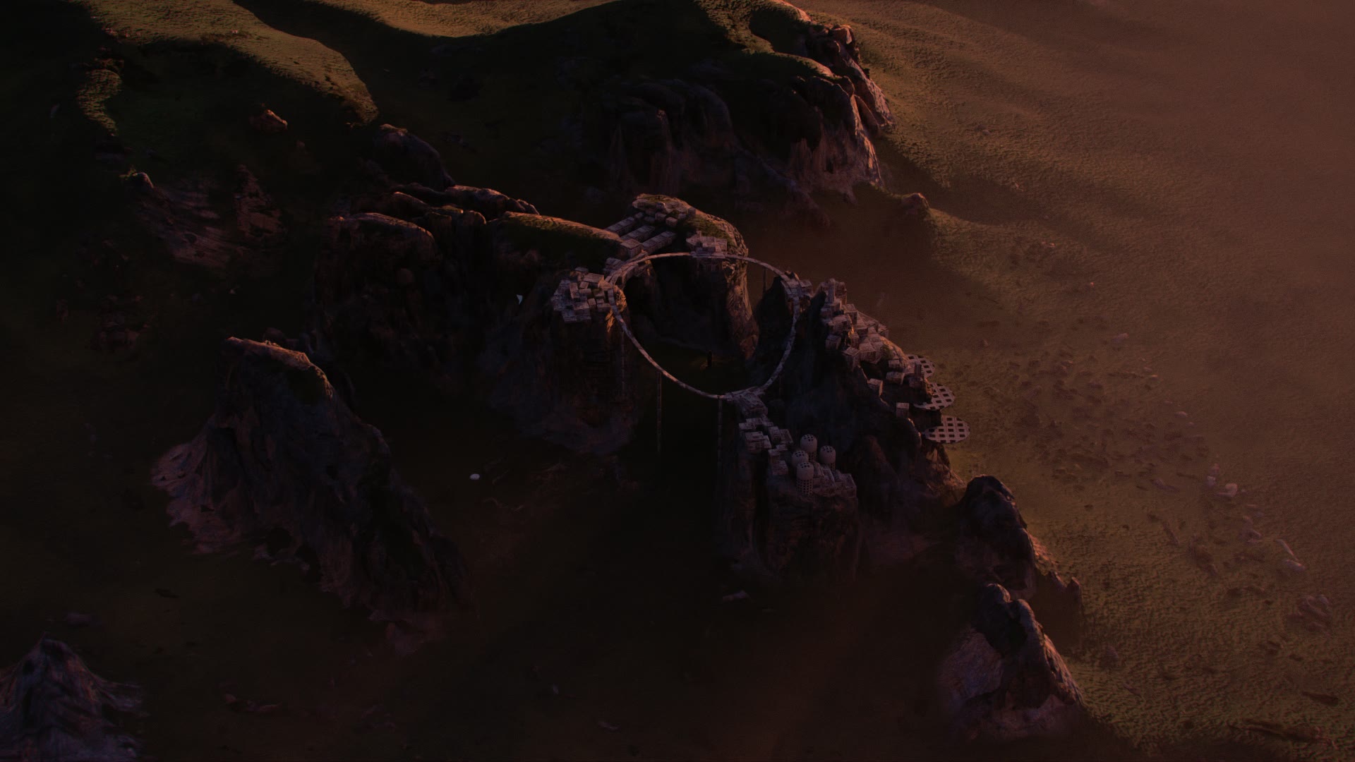 Wide aerial render of the city built into rocky pillars